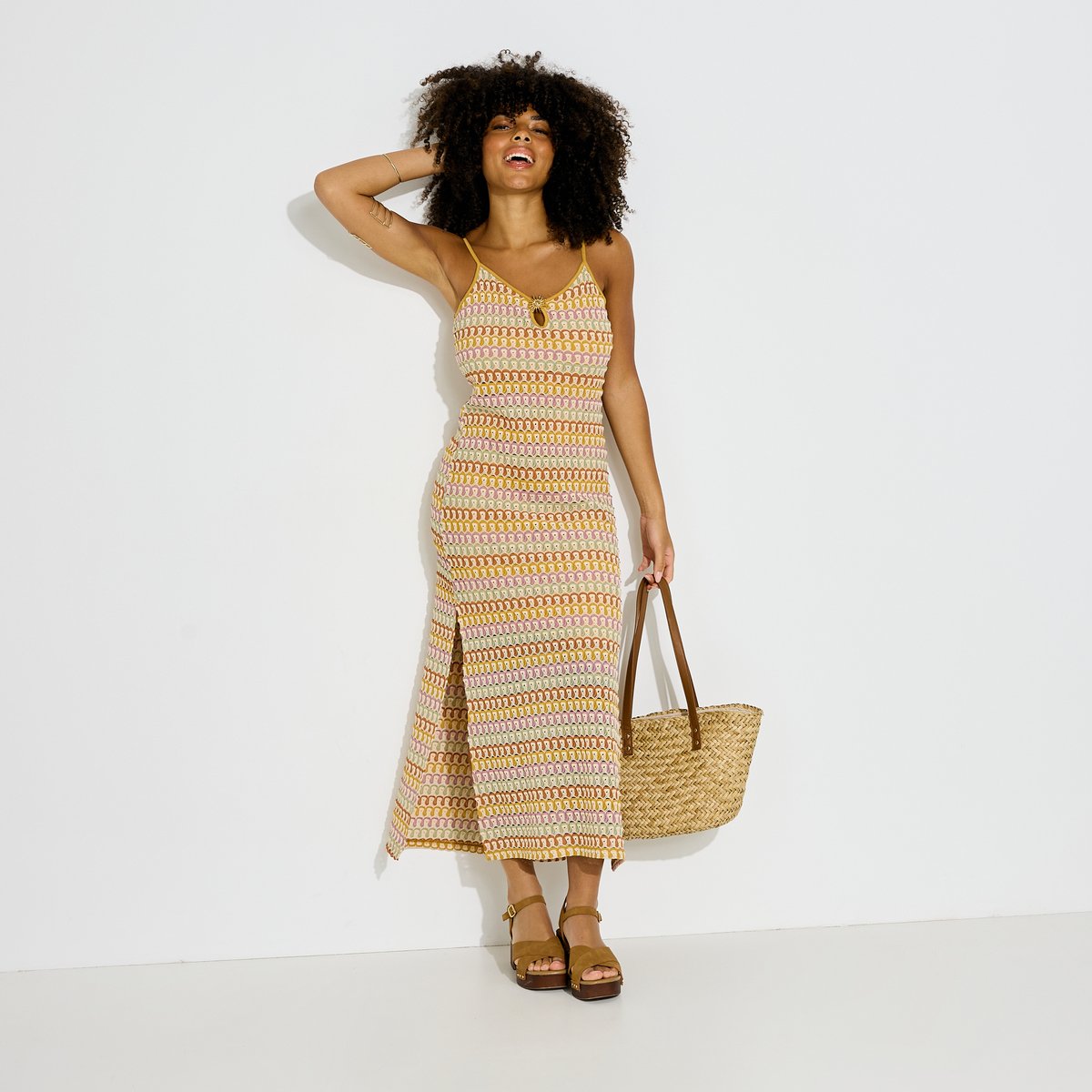 Robe longue en maille fentes latérales jaune safran, GRAIN DE MALICE