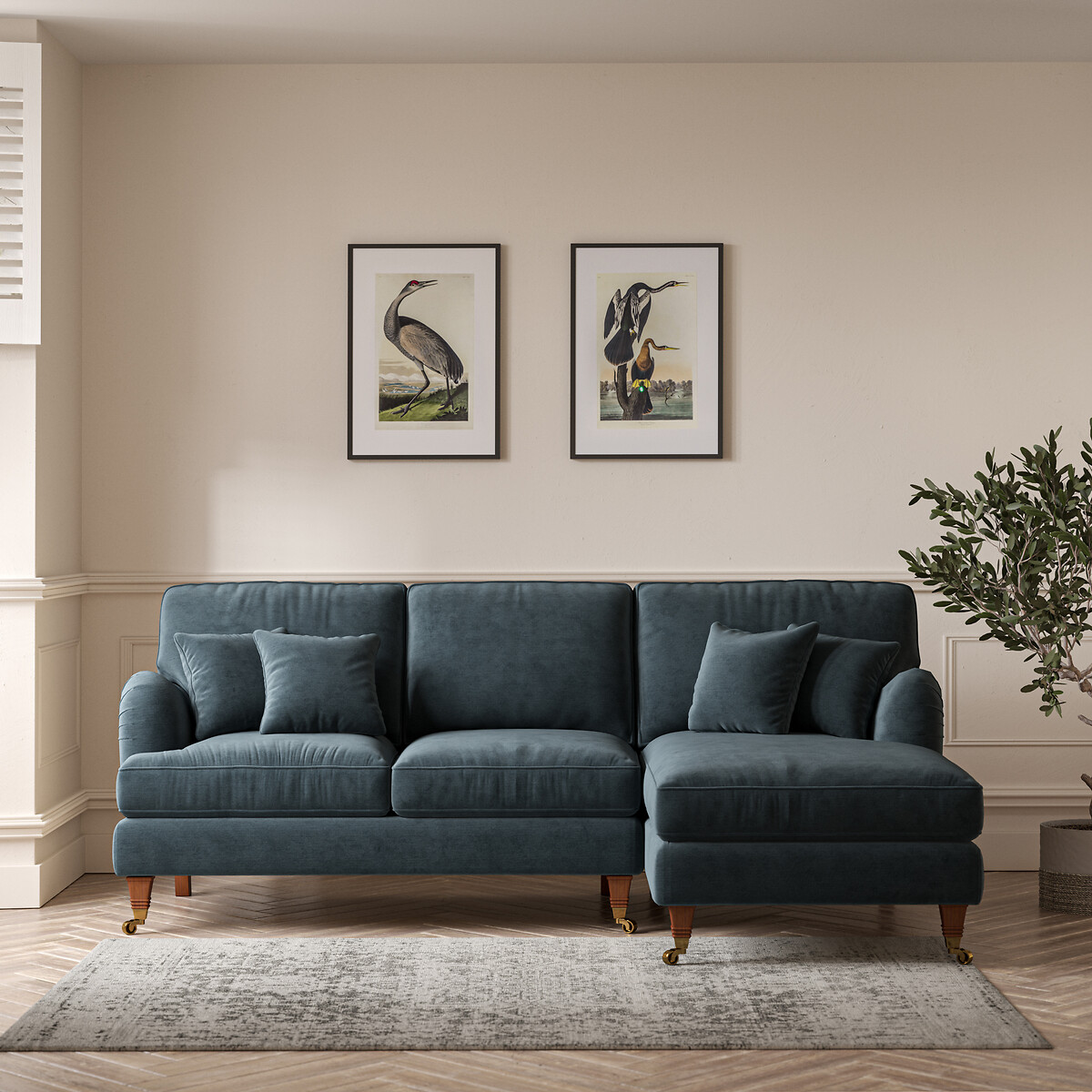 Emeline Textured Velvet Corner Chaise Sofa with Castor Legs (Right Fac petrol blue, ÉDITÉ