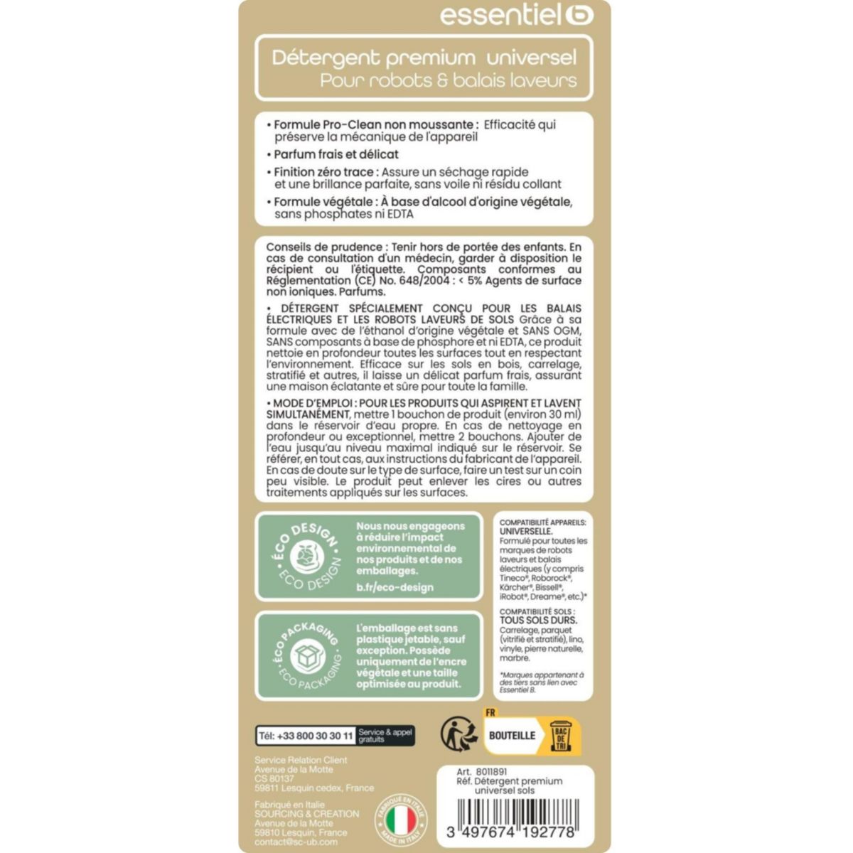 Détergent Liquide Nettoyant Sol Universel 1L pour Aspirateur Robot Laveur et Balai Laveur, Anti-Traces couleur unique, ESSENTIEL B