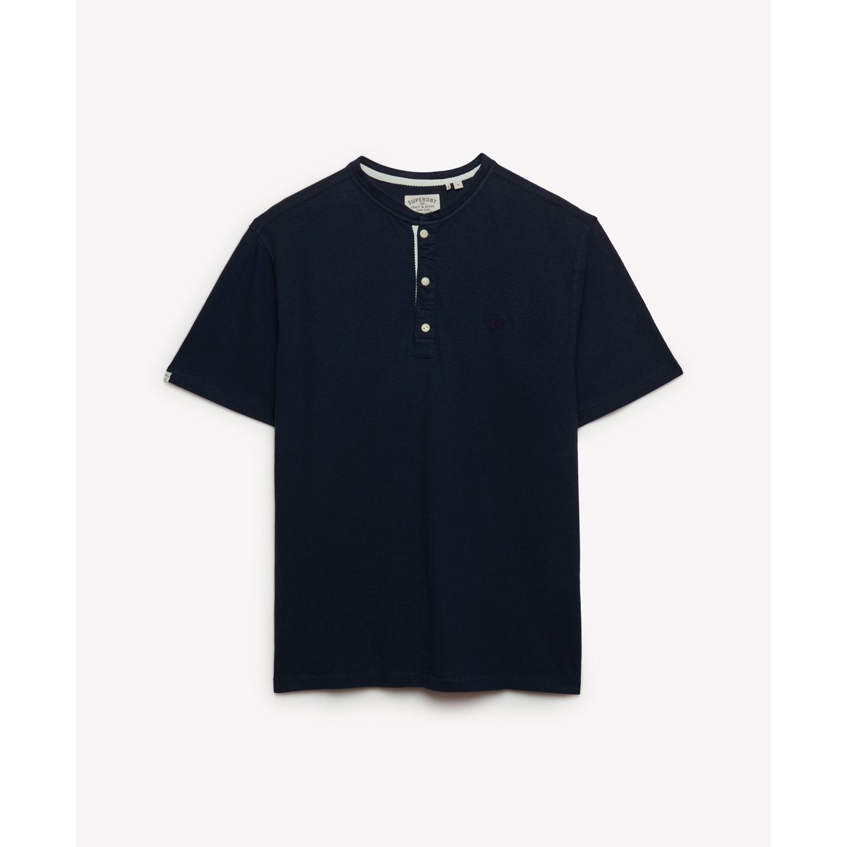 T-shirt Henley à manches courtes en coton et lin bleu marine chrome nordique, SUPERDRY