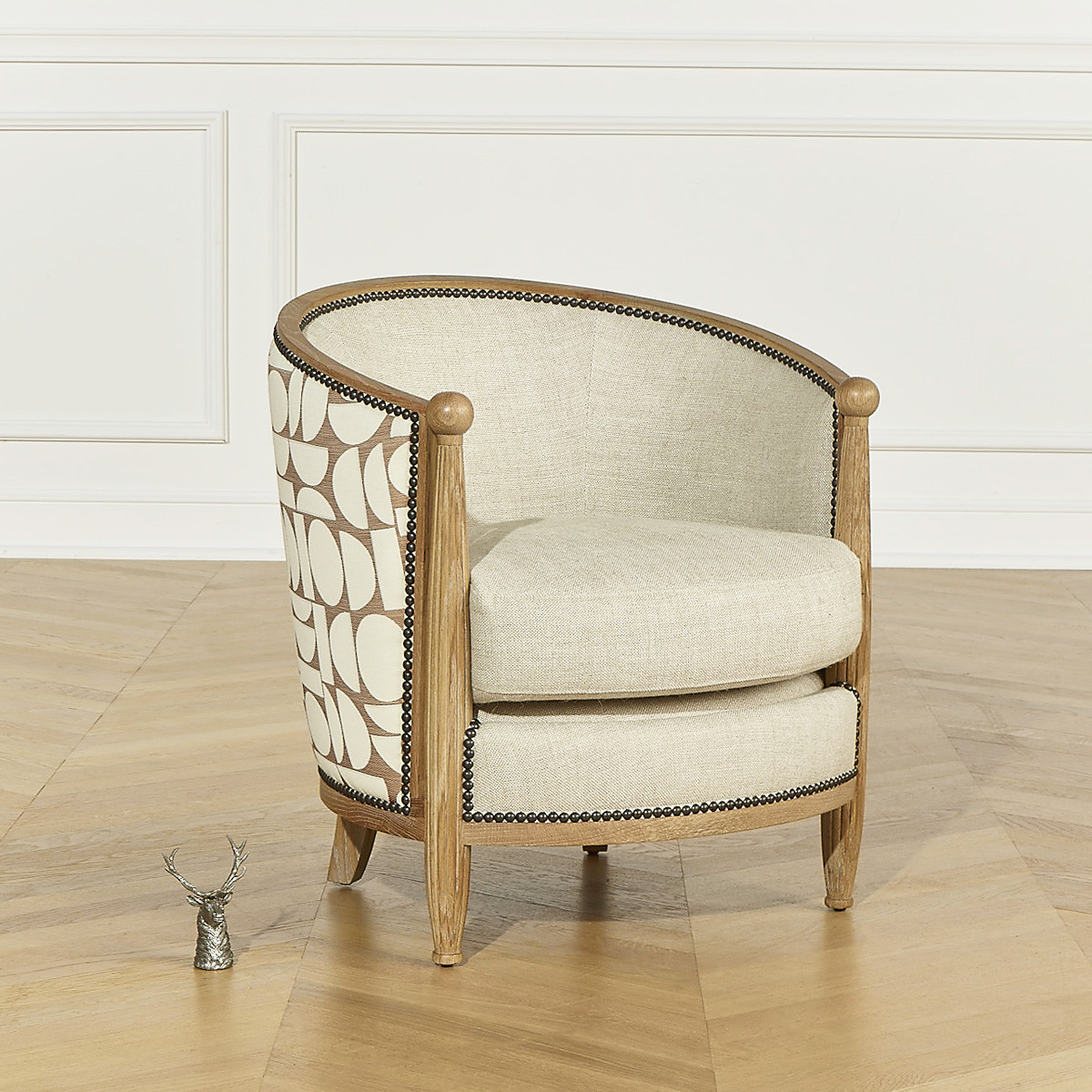 Fauteuil tonneau en chêne, lin et tissu édition limitée CAROLE lin, ROBIN DES BOIS