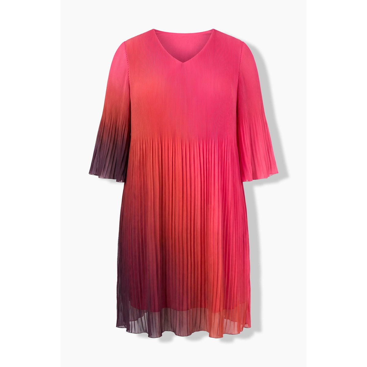Robe plissée, dégradé, coupe A, col V rose vif fuchsia, ULLA POPKEN