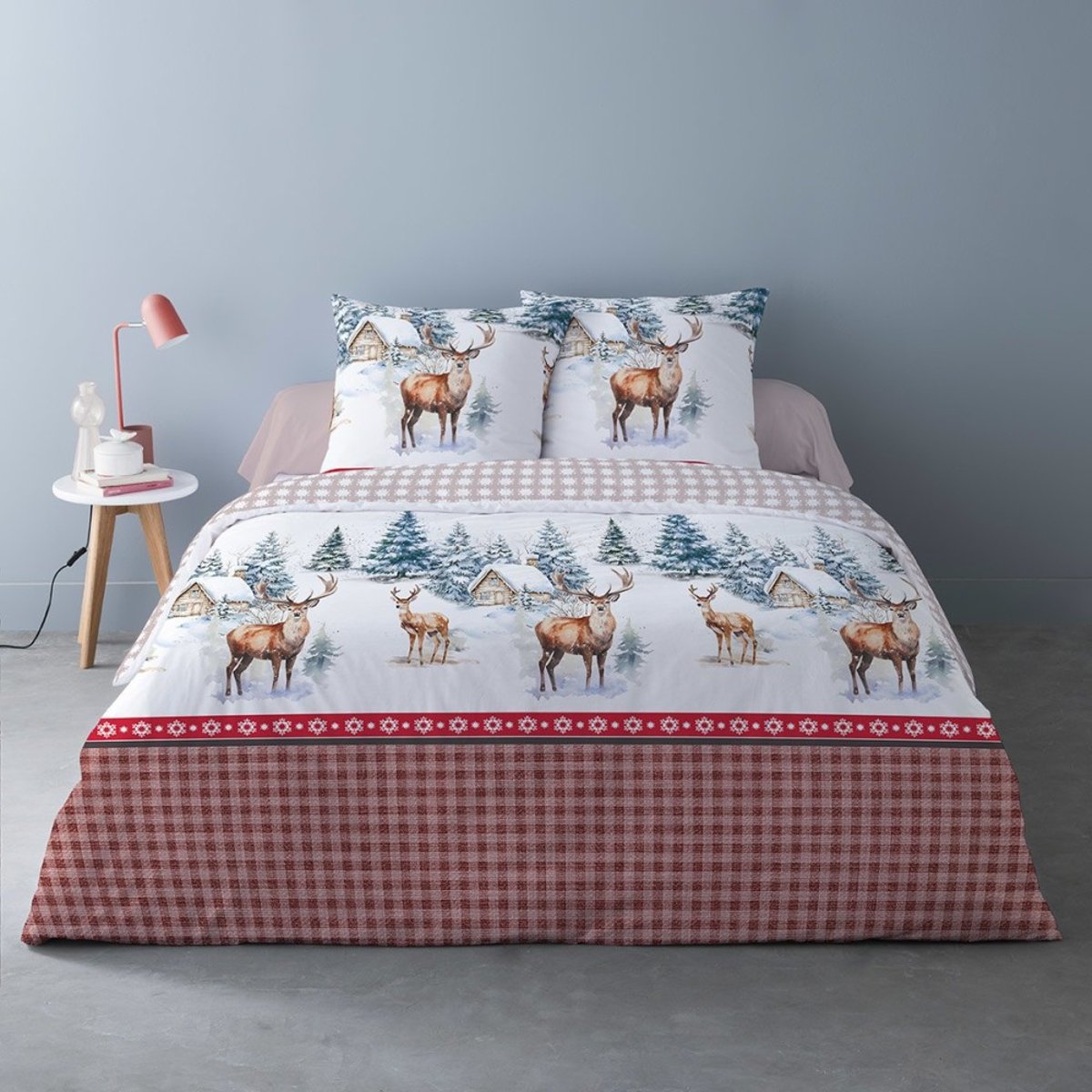 Housse de couette flanelle 100% coton + 2 taies d’oreiller rouge, DECORATIE