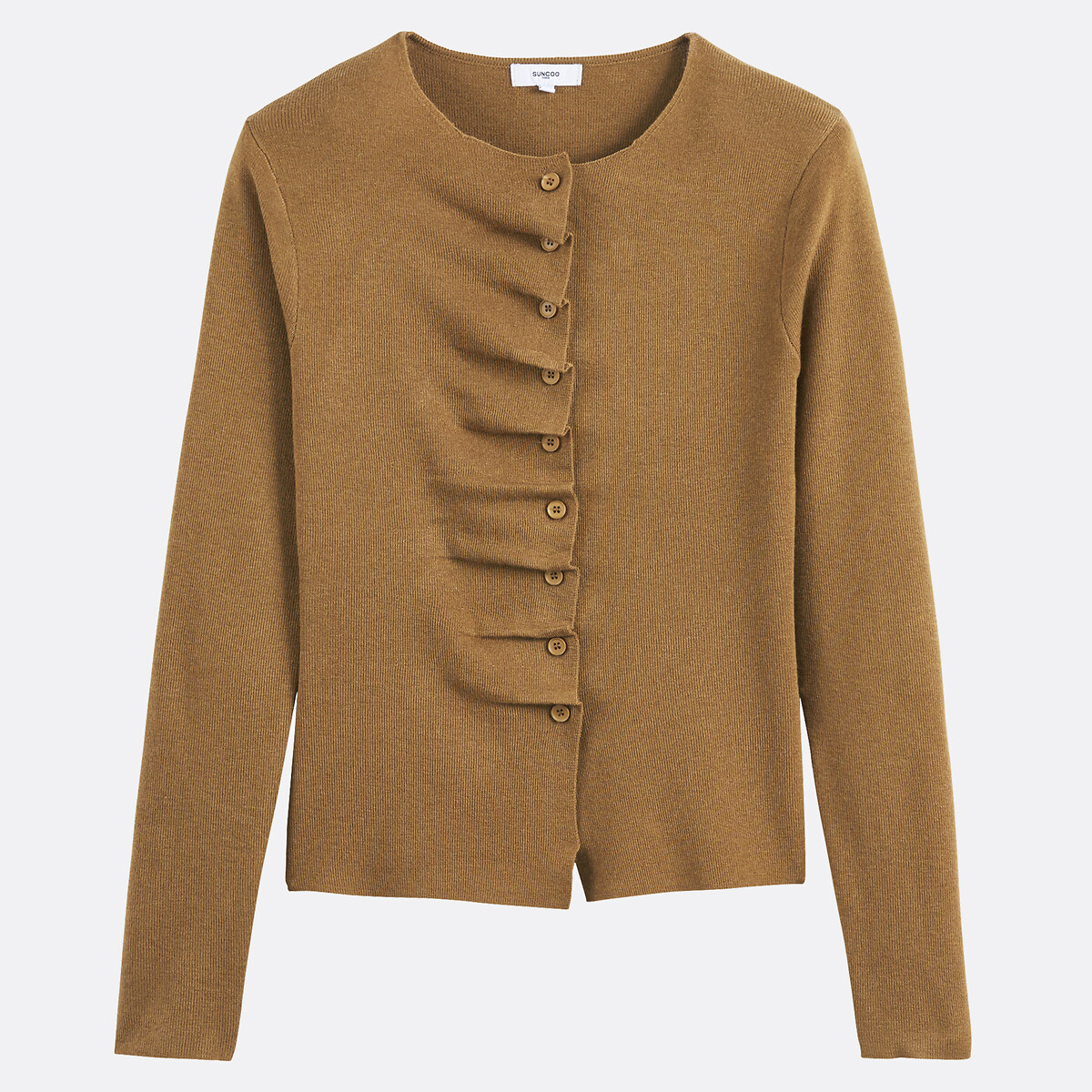 Gamira Crew Neck Cardigan with Pleated Details camel, SUNCOO
