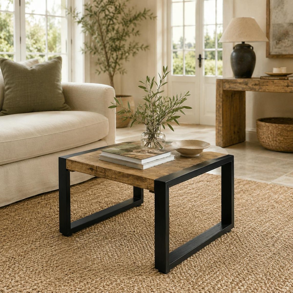 Table basse carrée bois métal 60 cm KARGO bois naturel, PIER IMPORT