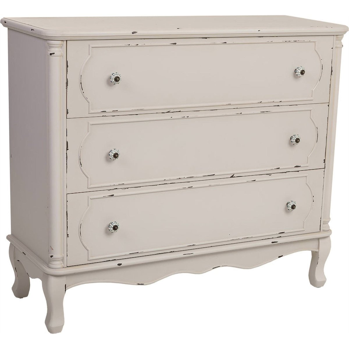Commode en bois style vintage rectangulaire blanc antique patiné romantique, RECOLLECTION