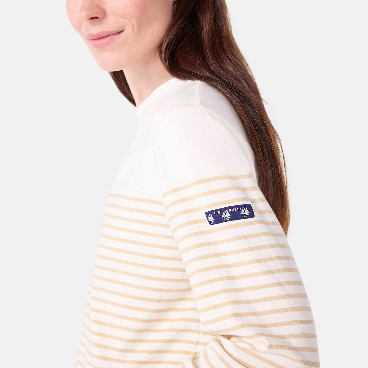 Women's Cotton Striped T-Shirt white/beige stripes, PETIT BATEAU