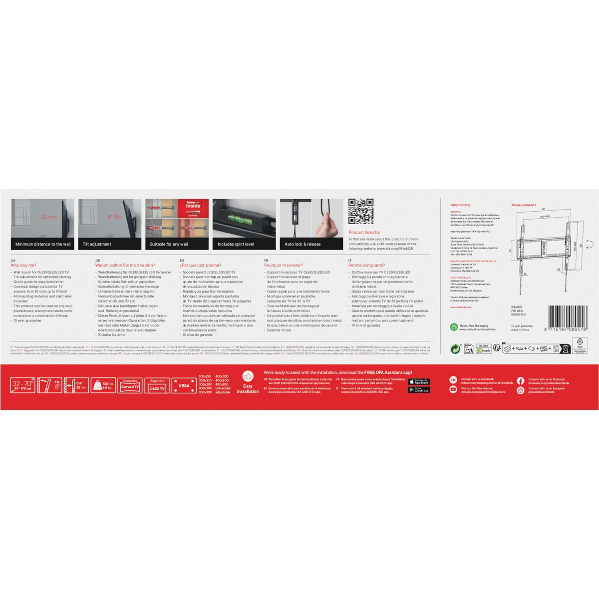 Support mural TV TV Solid inclinable 32''-70'' VESA 400 couleur unique, ONE FOR ALL