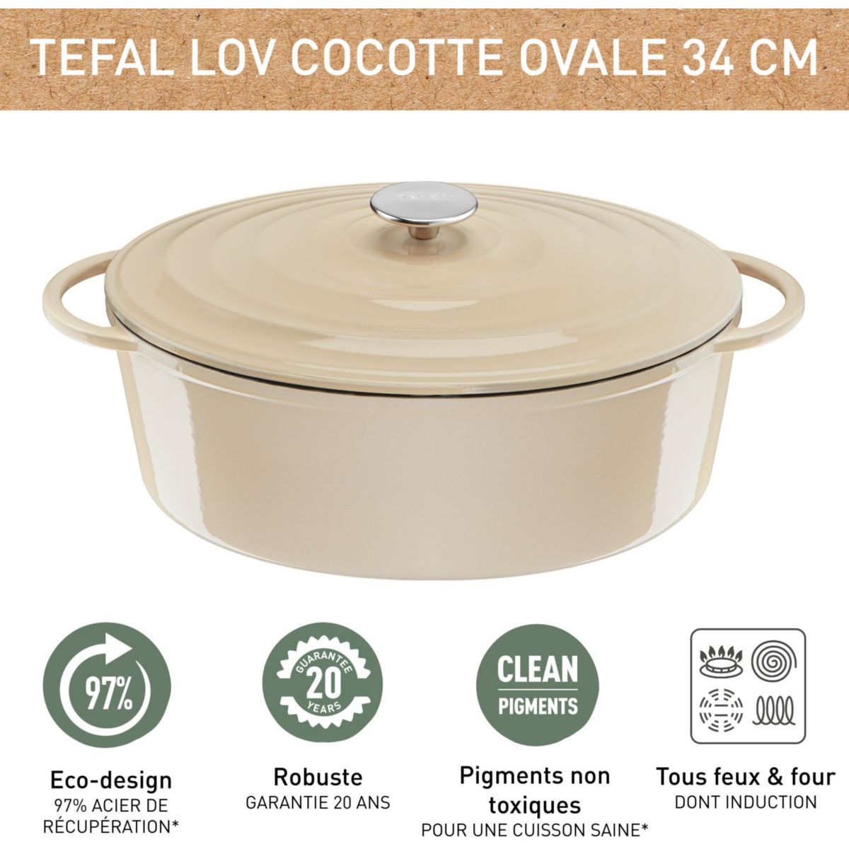 Cocotte Fonte LOV faitout 34cm beige beige, TEFAL