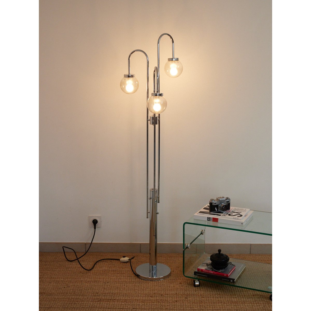 Lampadaire 3 branches en chrome Julien N°436 - Bon état gris, DEBONGOUT