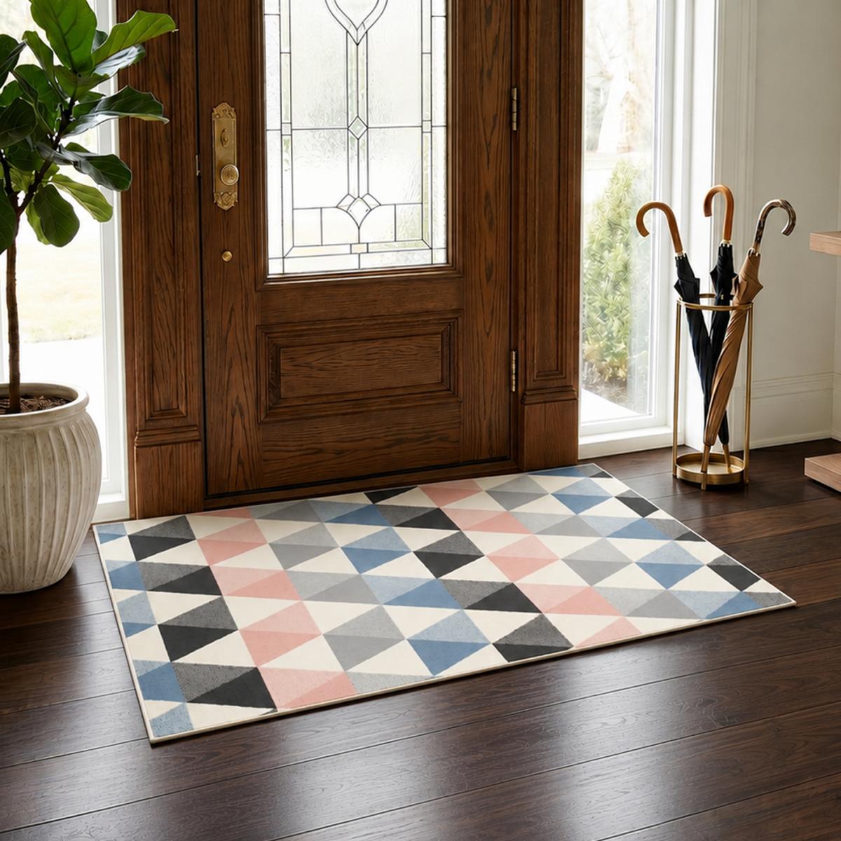 Tapis chambre tissé LYN49 PASTELIANGLE crème, rose, bleu, gris, UN AMOUR DE TAPIS