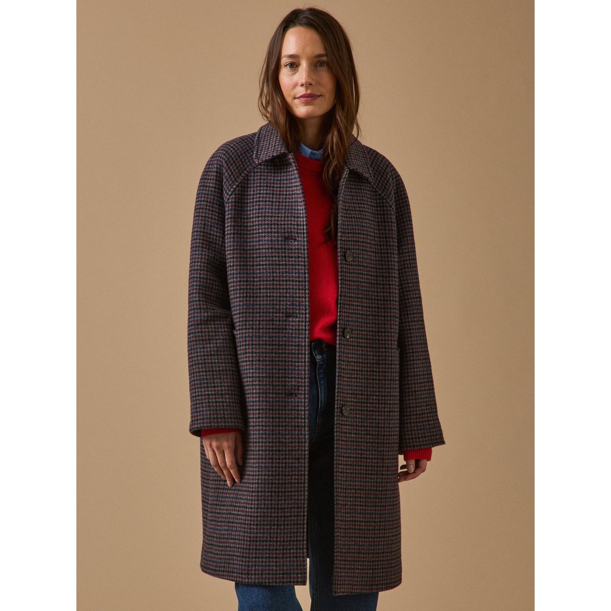 Manteau mi-long lainage pied-de-poule pied de poule marine, CYRILLUS