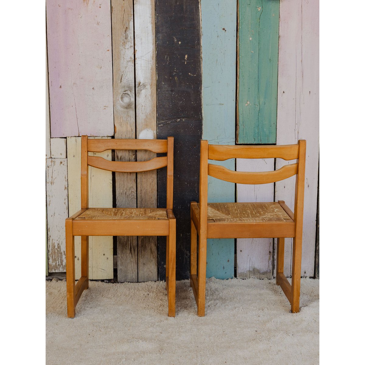 Lot de 4 chaises en bois et paille Claude N°1388 - Bon état bois clair, DEBONGOUT