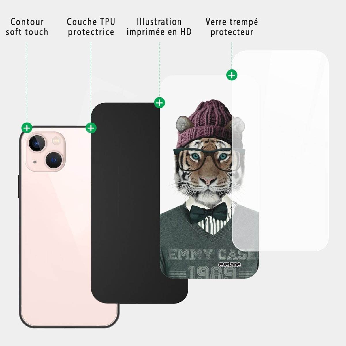 Coque soft touch glossy iPhone 13 tigre fashion, EVETANE