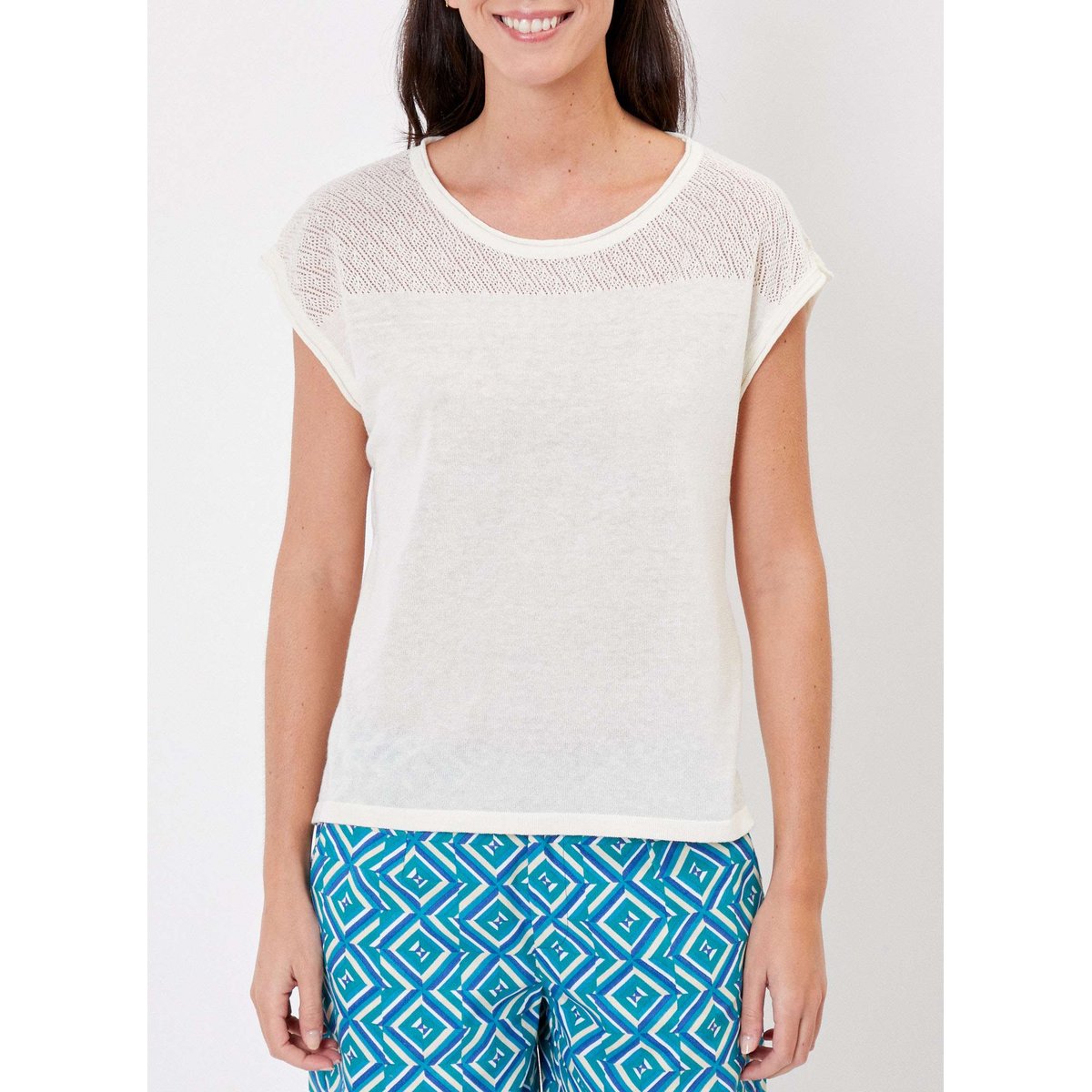Top coton uni ajouré maille MANTRAS blanc, LA FIANCÉE