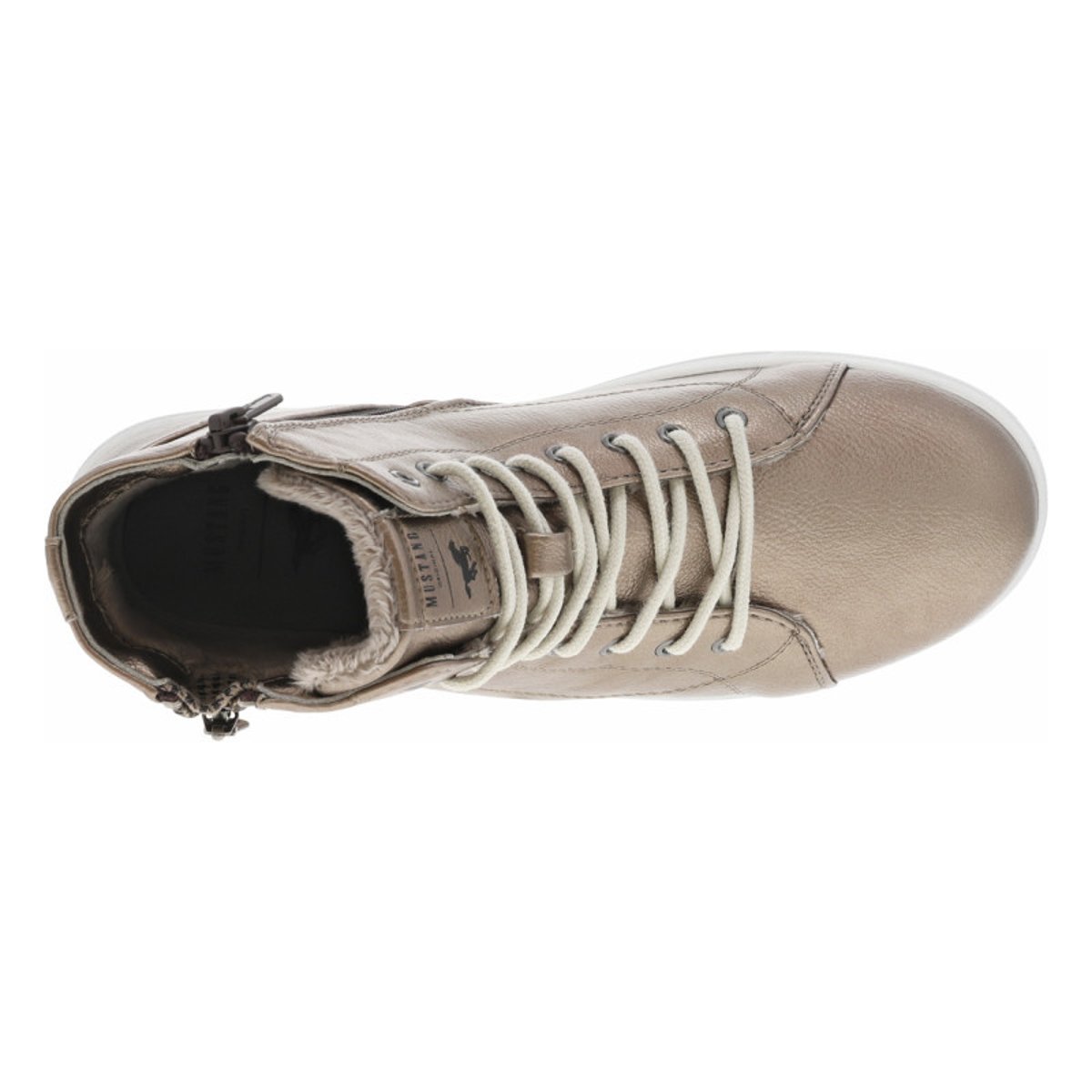 Baskets noires montantes à talon plat avec des lacets ronds blancs or, MUSTANG