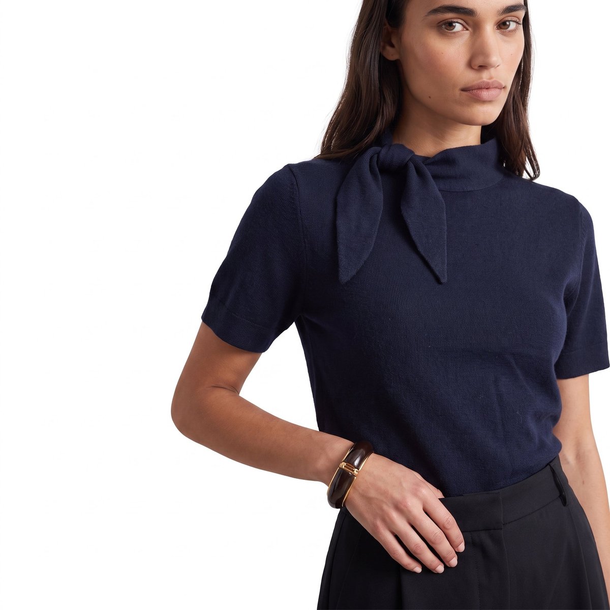 Pull manches courtes col montant lien à nouer FLEANE navy, ARTLOVE