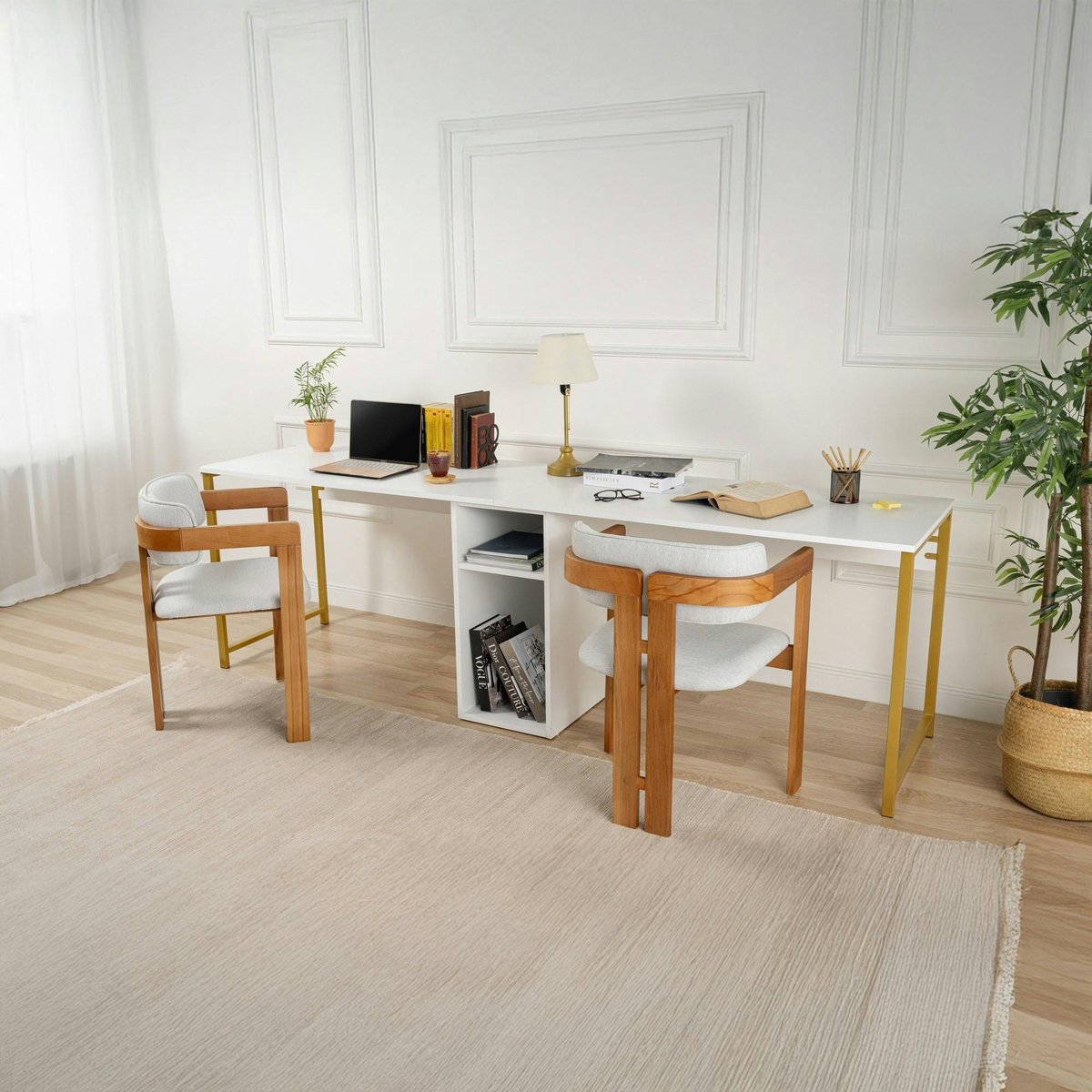 Bureau double avec rangement central MARFA blanc, PIER IMPORT