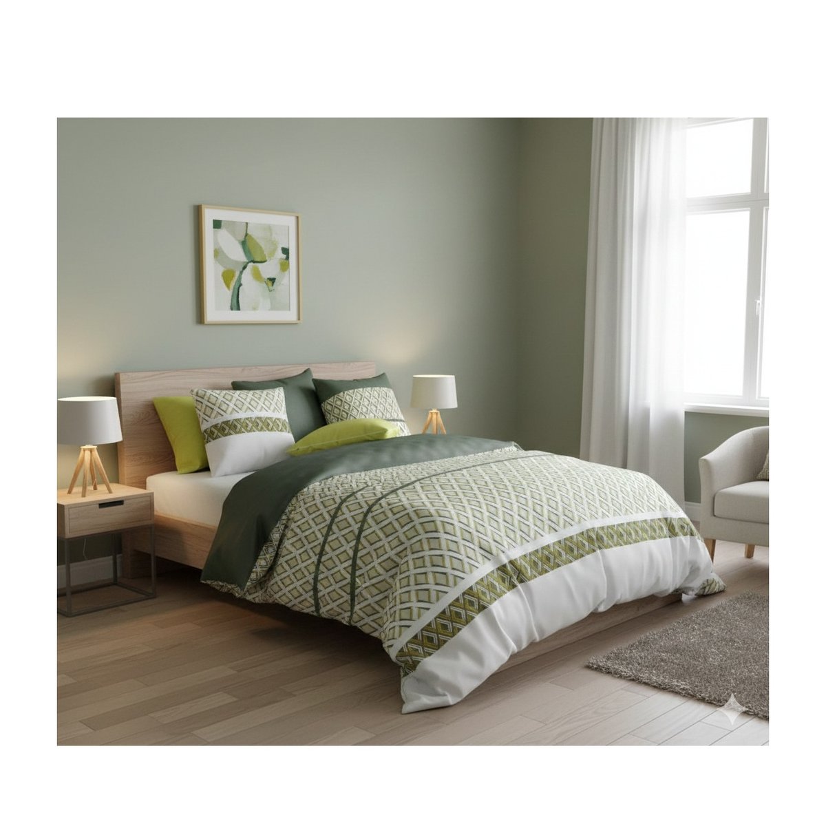 Housse de couette + 2 taies Naya vert, EDEN