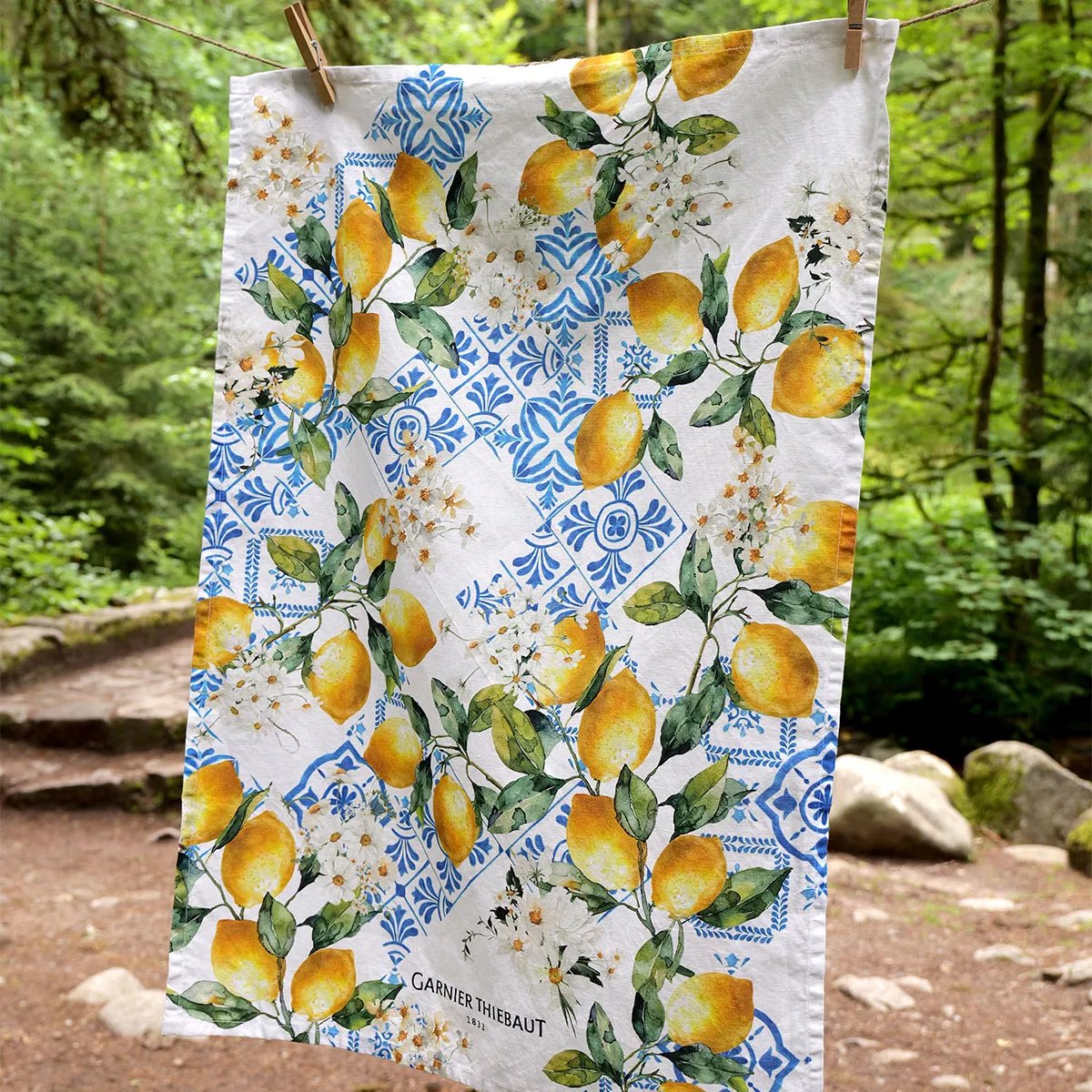 Torchon lin & coton lavé CITRONS AZULEJOS bleu, GARNIER THIEBAUT