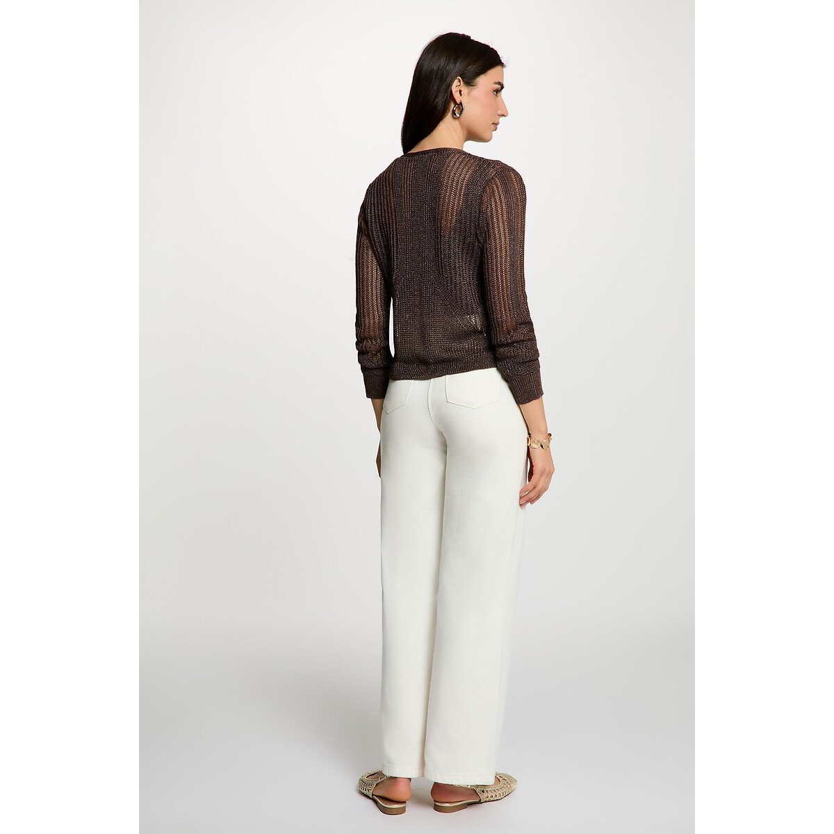 Gilet manches longues ajouré chocolat, MORGAN