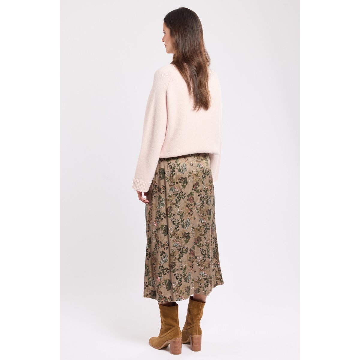 Jupe imprimée en cupro KATELL gypsophile marron poudré, TERRE & MER