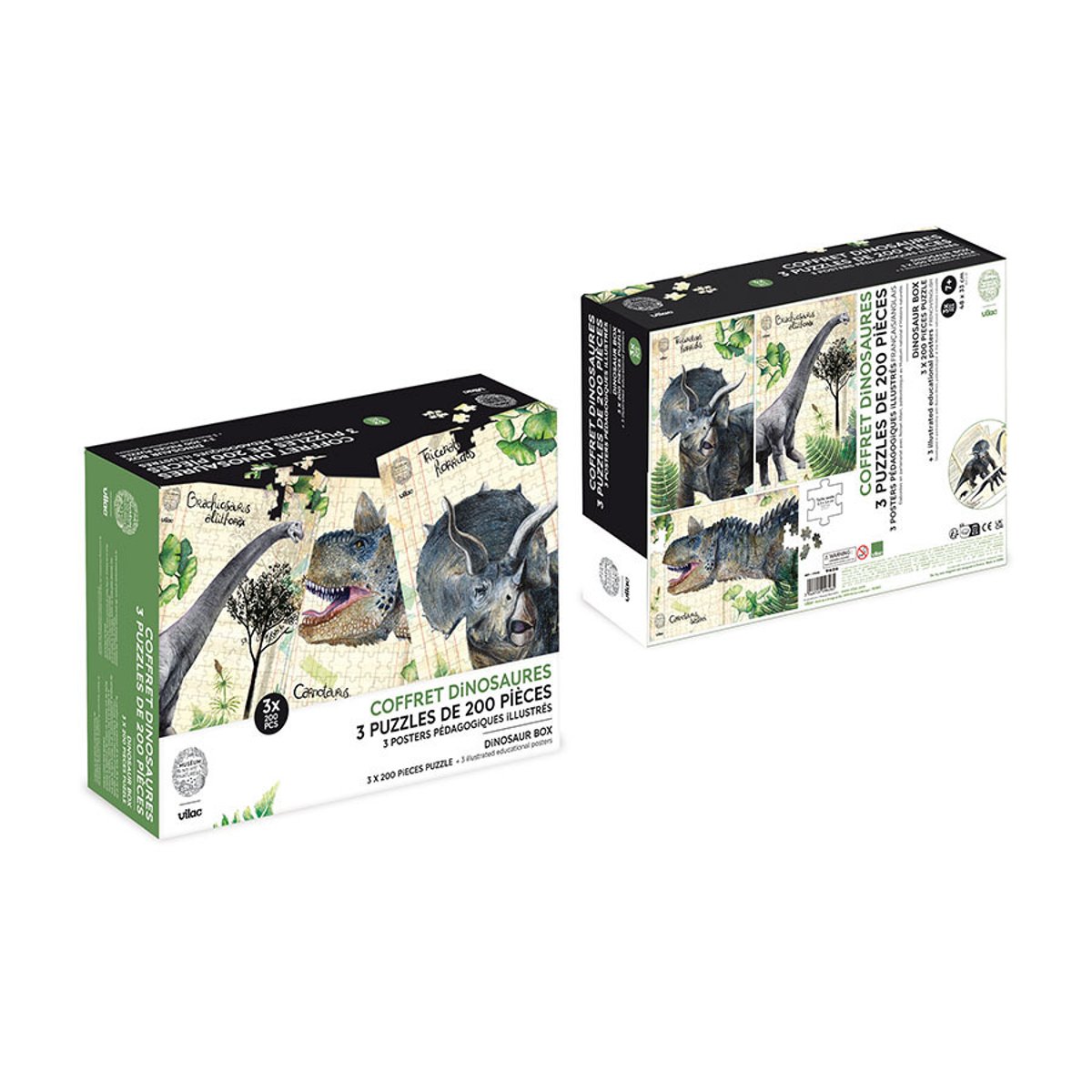 Coffret 3 puzzles dinosaures et posters beige, VILAC
