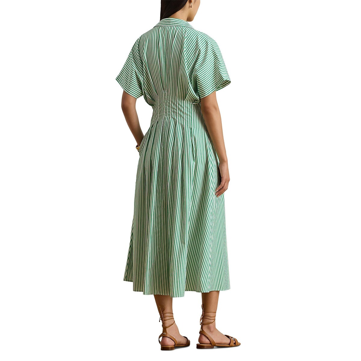 Vestido camisero midi de manga corta con estampado a rayas, RUSHANIA rayas verde/blanco, LAUREN RALPH LAUREN