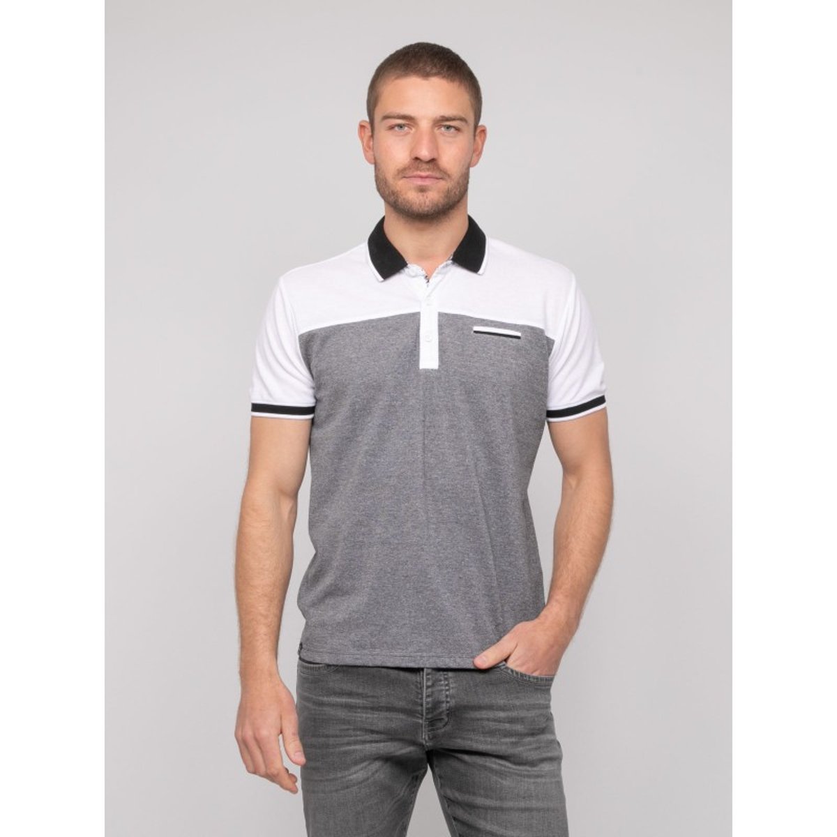 Polo Manches Courtes Coton Bicolore Poplino blanc, RITCHIE