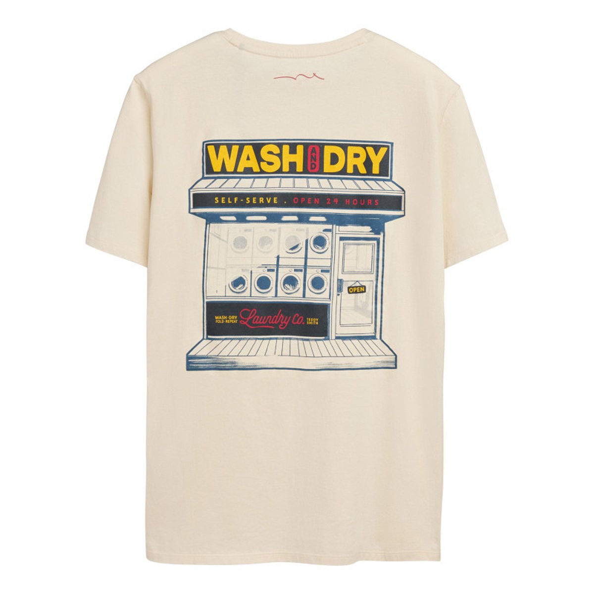 T-shirt en coton beige imprimé laundry au dos et à la poitrine à col rond beige, TEDDY SMITH