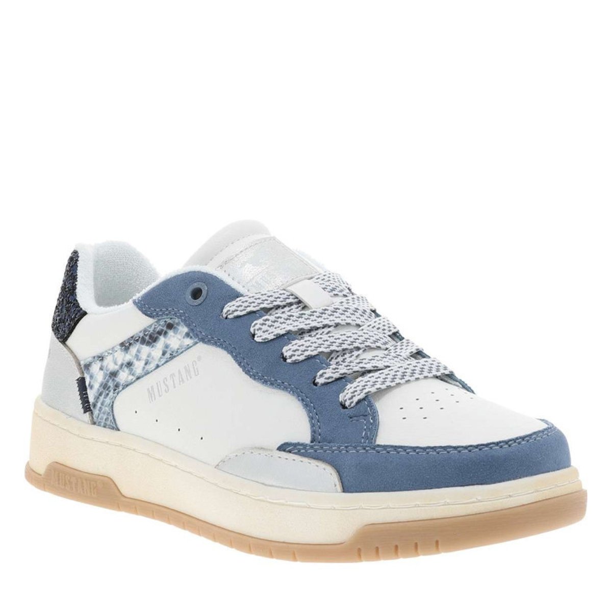 Sneakers écrues à talon plat avec des lacets et motif léopard bleu, MUSTANG