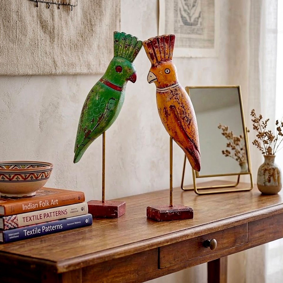 Set de 2 statuettes perroquets en bois vert et orange 7x8x37cm vert, WADIGA