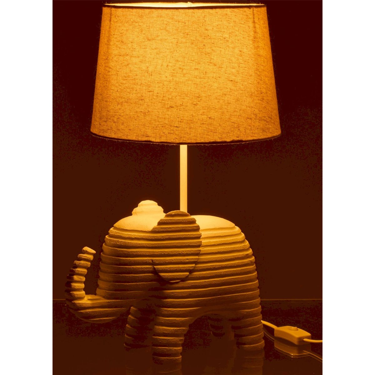Lampe de table éléphant en résine blanc avec abat-jour beige, RECOLLECTION