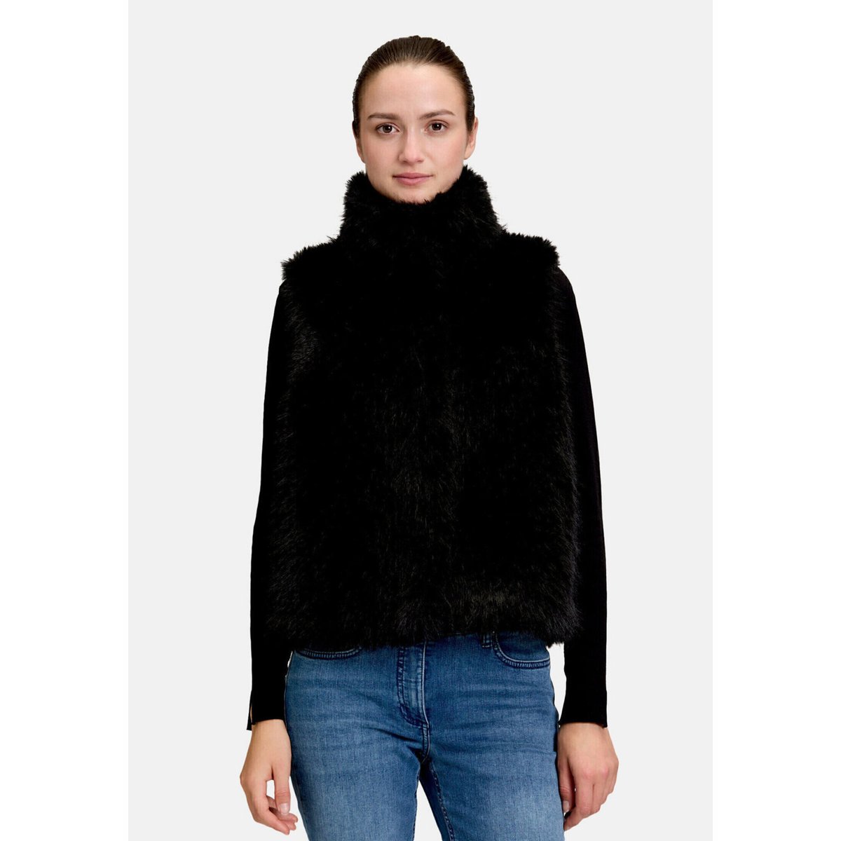 Veste sans manches en peluche à col noir, AMBER & JUNE