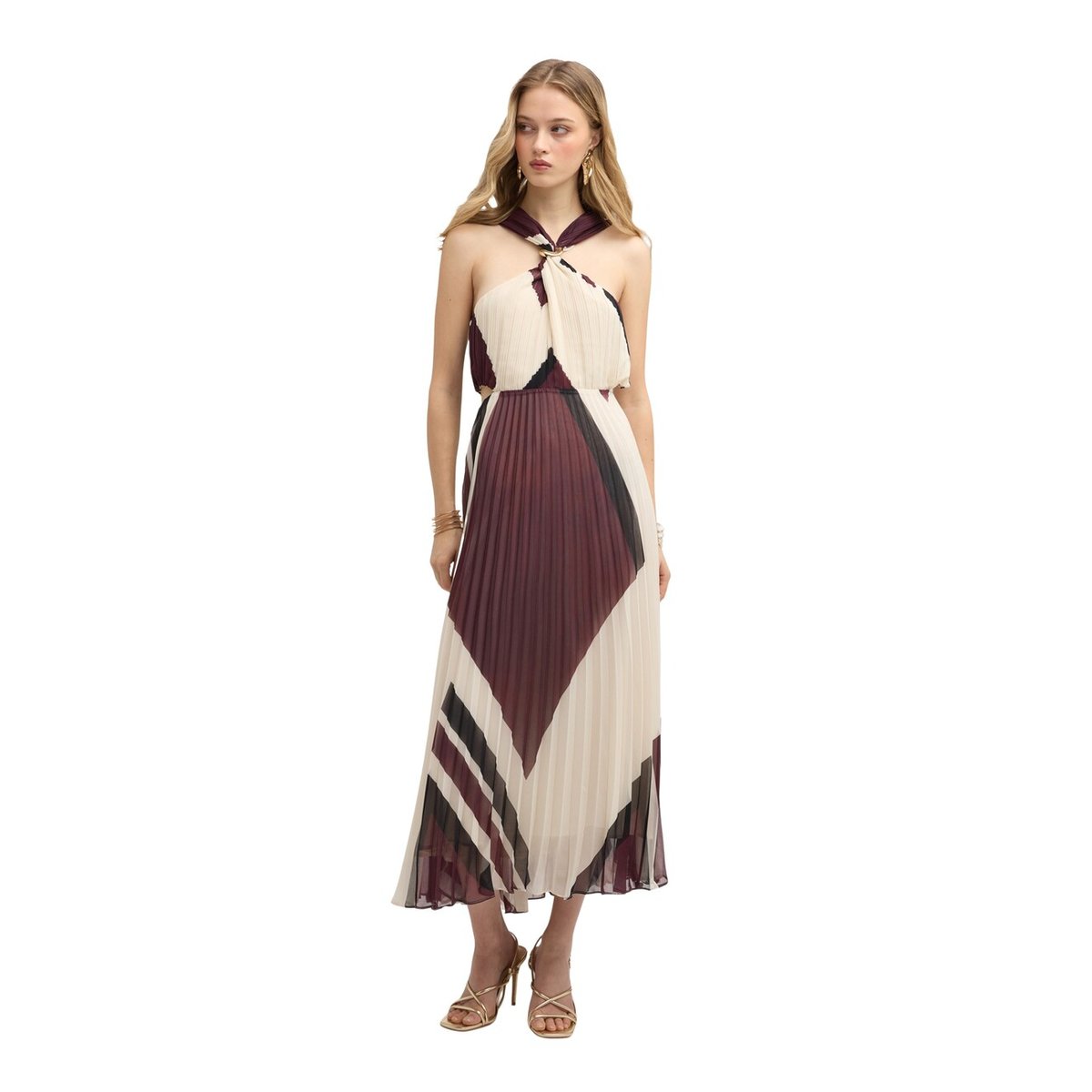 Robe longue plissée imprimée marron, MOTIVI