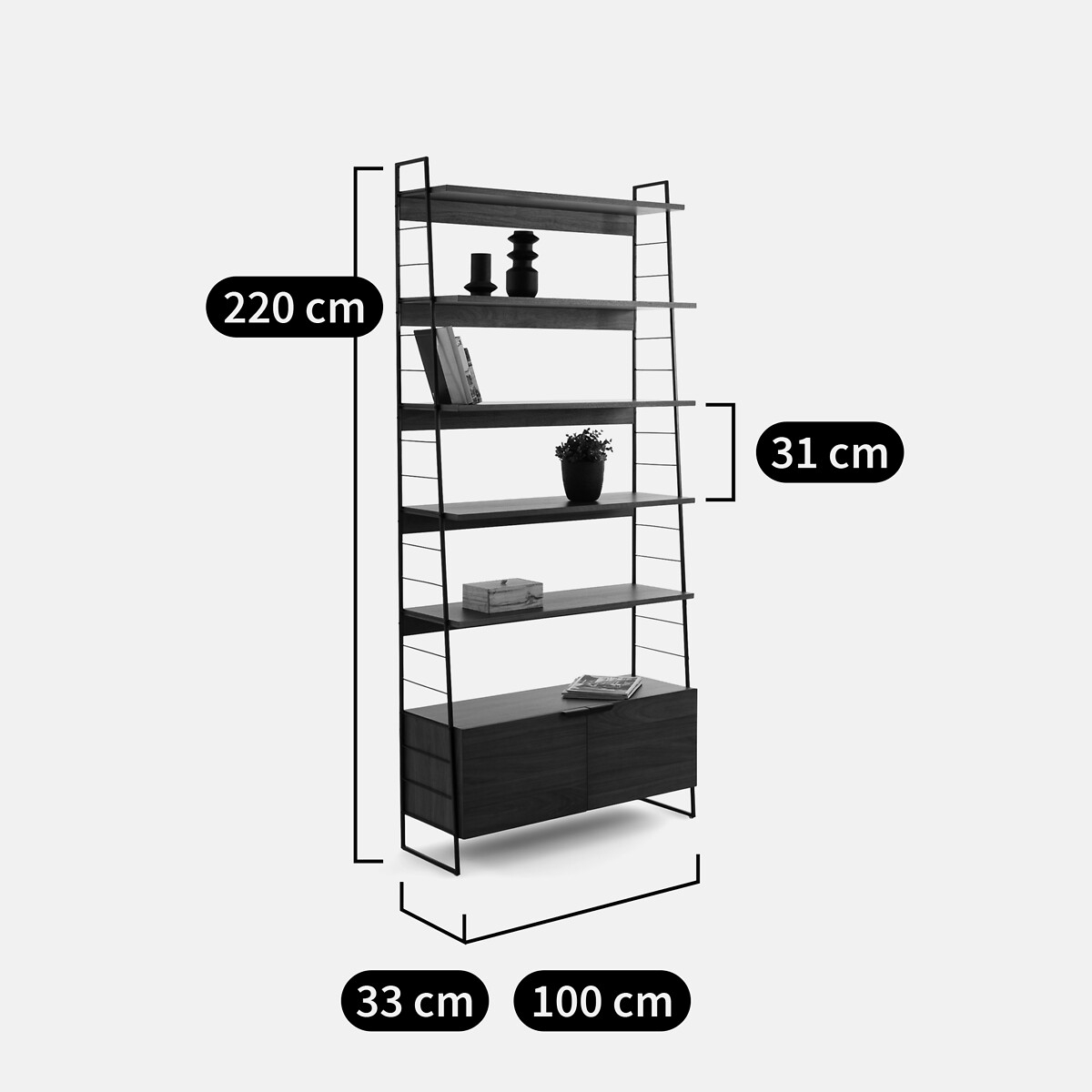 Bibliothèque, en métal acier et plaqué noyer hauteur 220 cm, WATFORD noir/teinté noyer, LA REDOUTE INTERIEURS