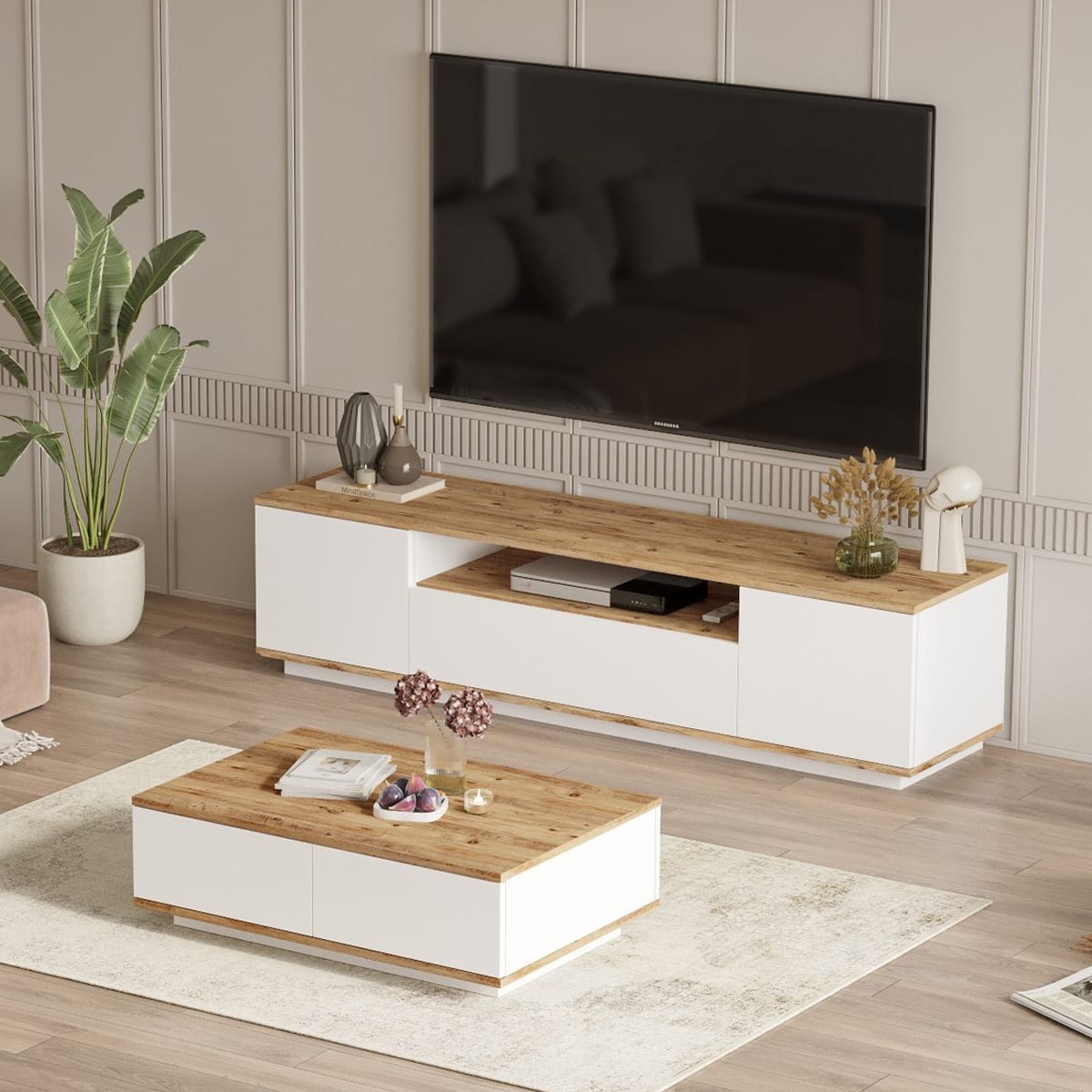 Ensemble meuble TV et table basse - RAVIA blanc & bois, HOMIFAB