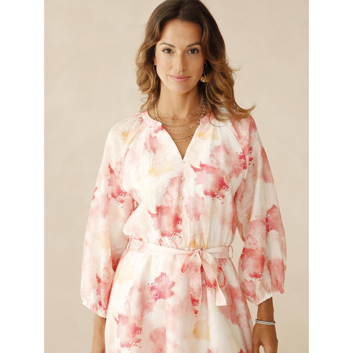Robe longue taille élastiquée imprimé rose, DAXON