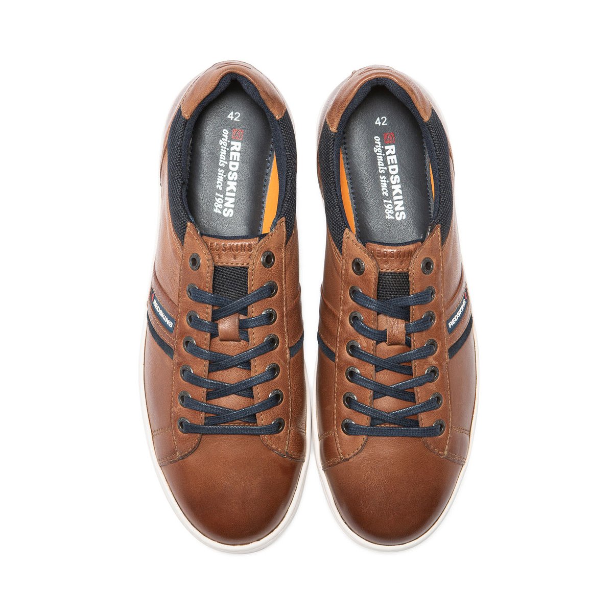 Baskets 90% cuir chèvre DIPLOMATE cognac+marine, REDSKINS
