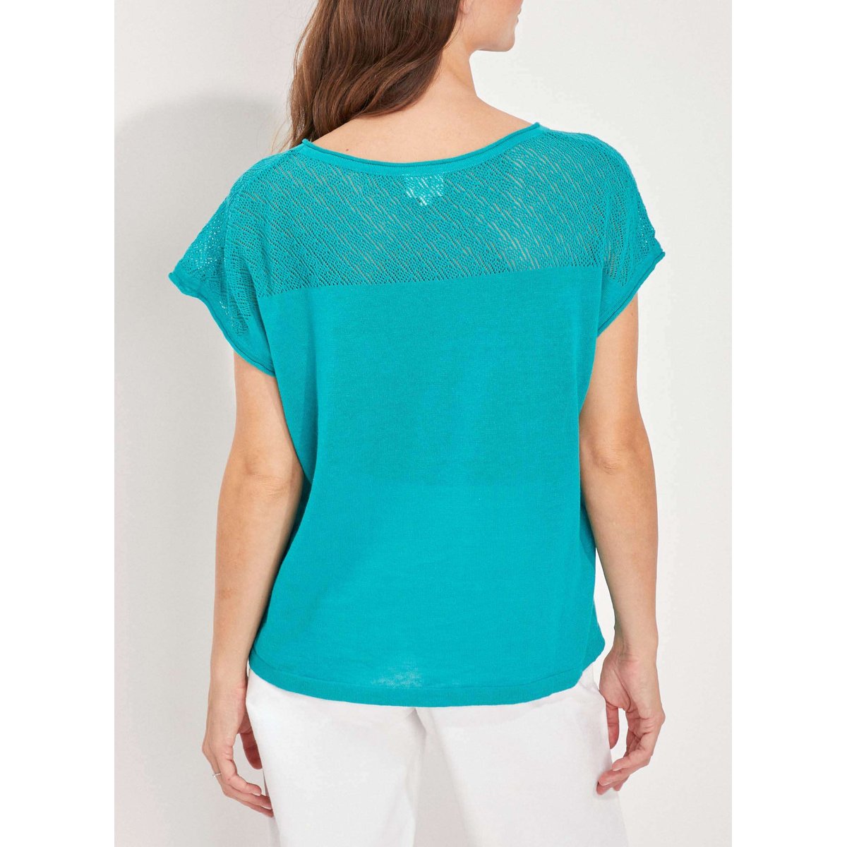 Top coton ajouré maille MANTRAS bleu turquoise, LA FIANCÉE