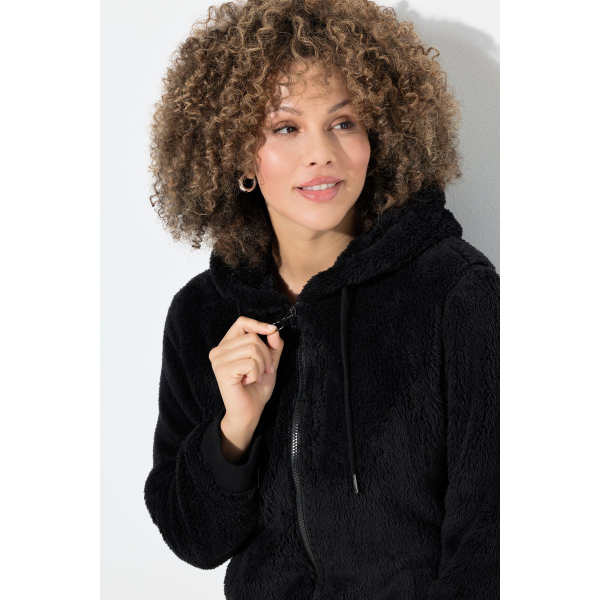 Veste à capuche en polaire bouclée noir, ULLA POPKEN