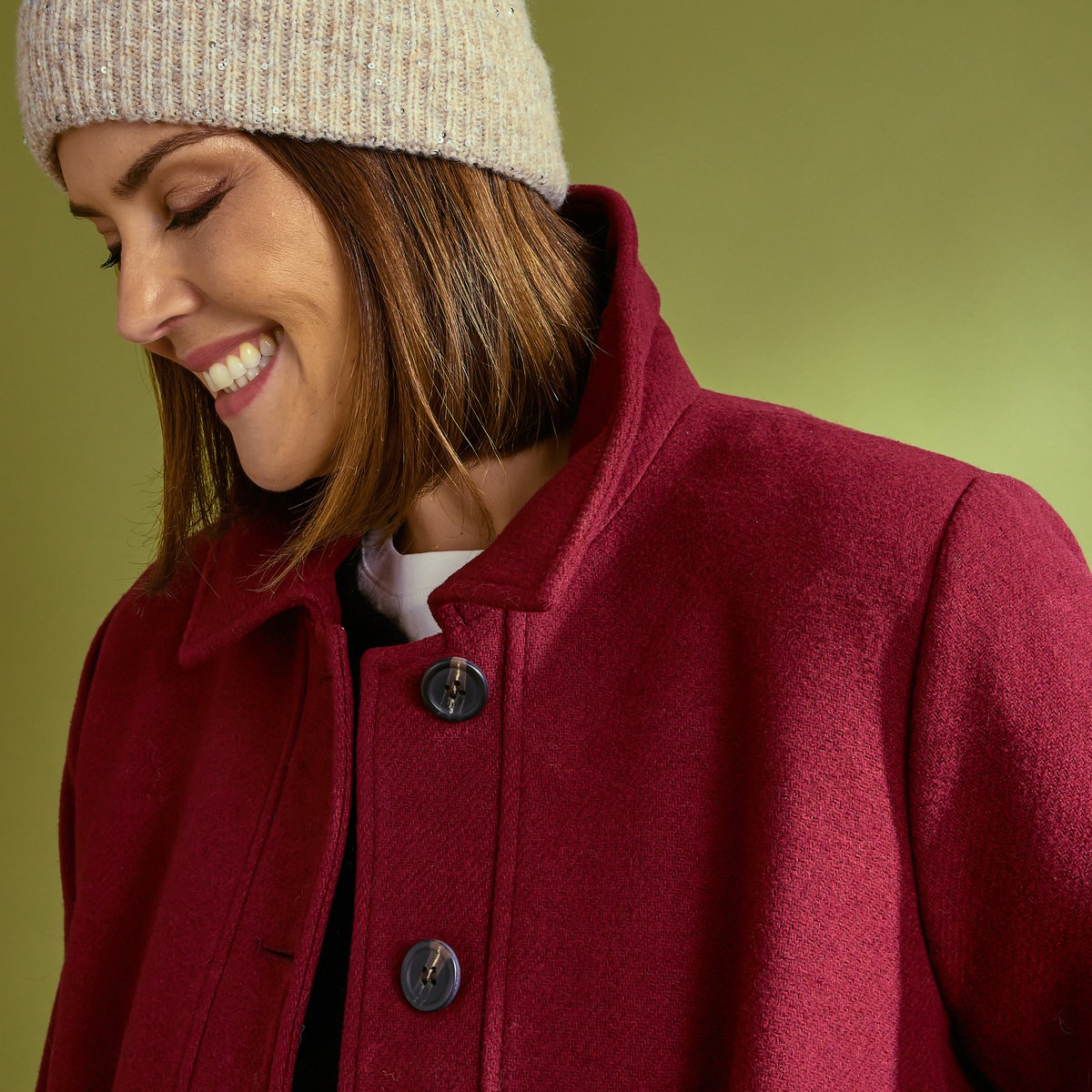 Manteau mi-long avec boutons orange bordeaux, GRAIN DE MALICE