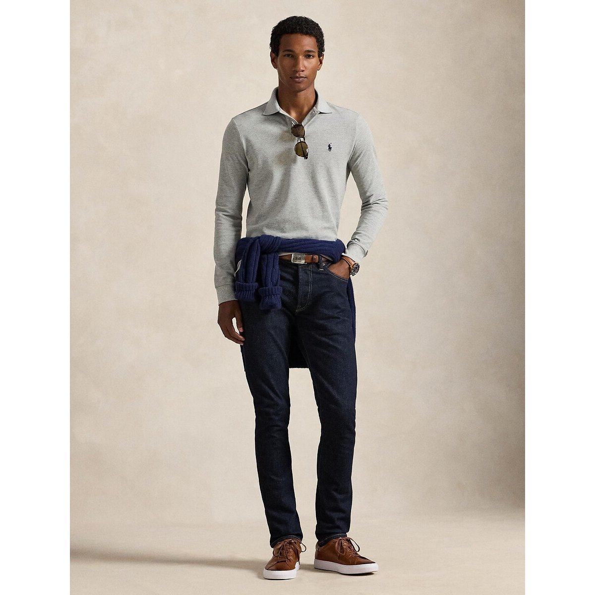 Polo taglio aderente in piqué grigio, POLO RALPH LAUREN