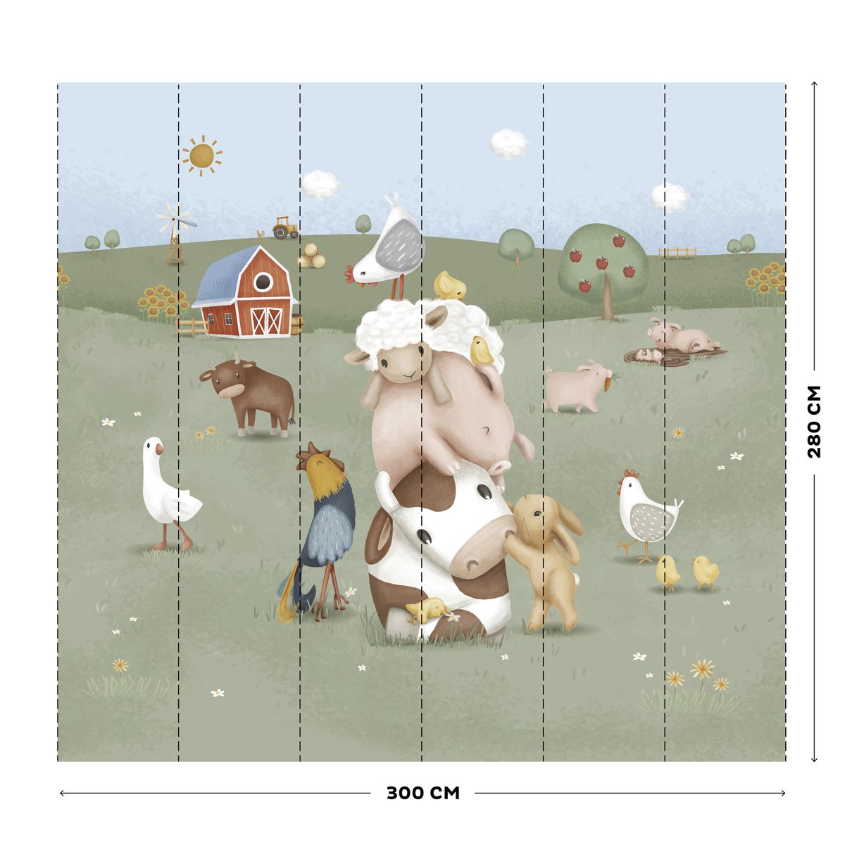 Papier peint panoramique pour enfant Animaux de la ferme coloris pastel, LITTLE DUTCH