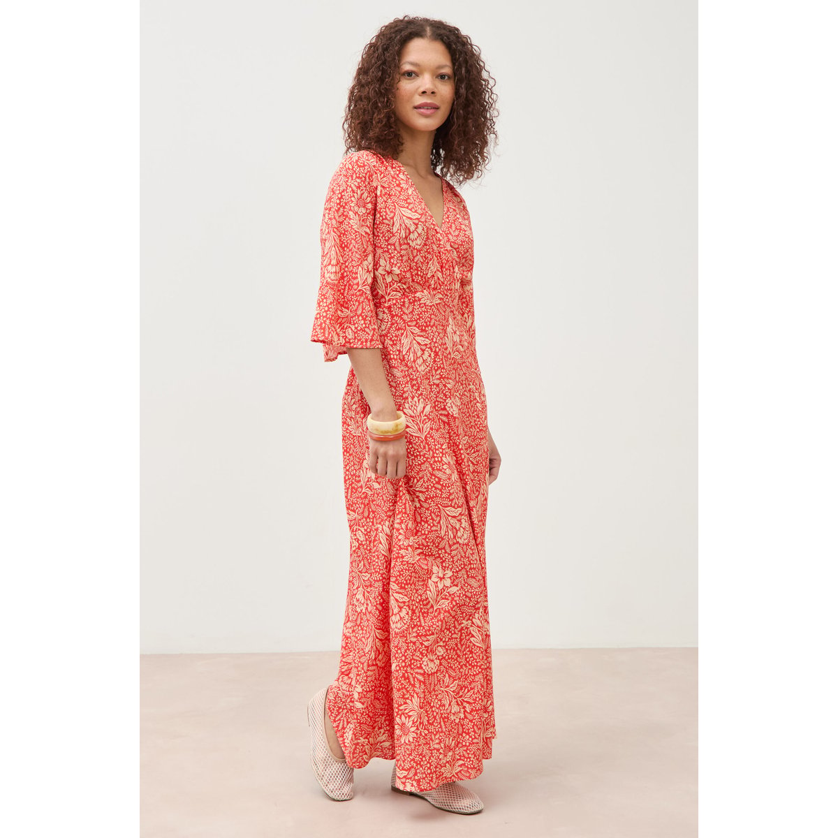 Robe col v manches longues rouge corail, BONOBO