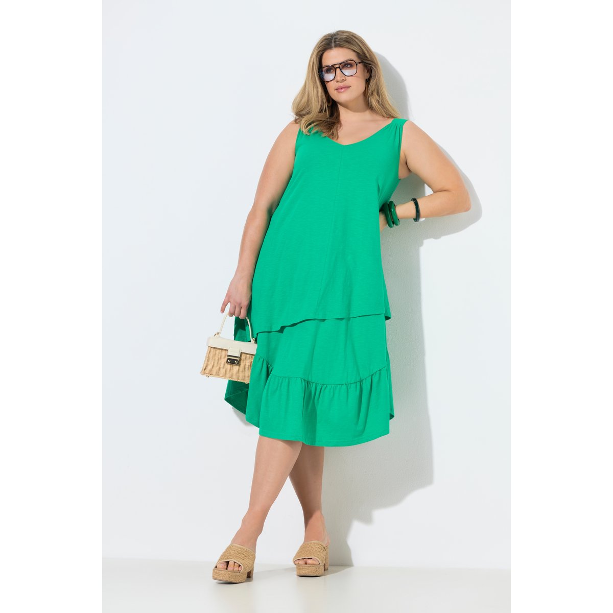 Robe midi en coton bio texturé vert d’été, ULLA POPKEN
