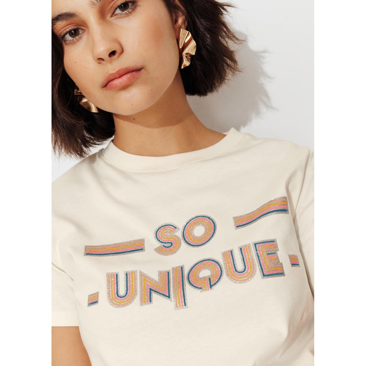 T-shirt à message "so unique" imprimé écru, PROMOD