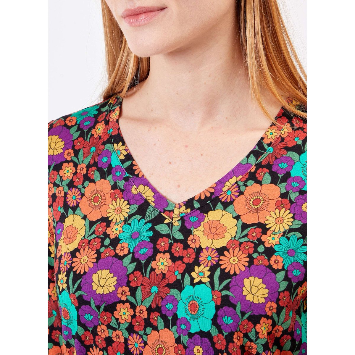 Tee shirt imprimé droit col V JULIA orange multicolore, PRINCESSE NOMADE
