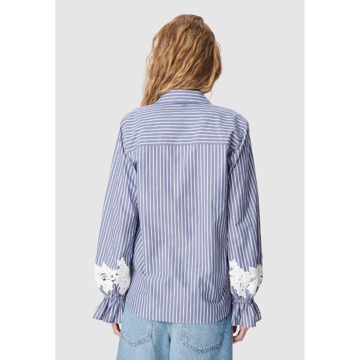 Chemise rayée et broderies fleurs bleu acier, IKKS