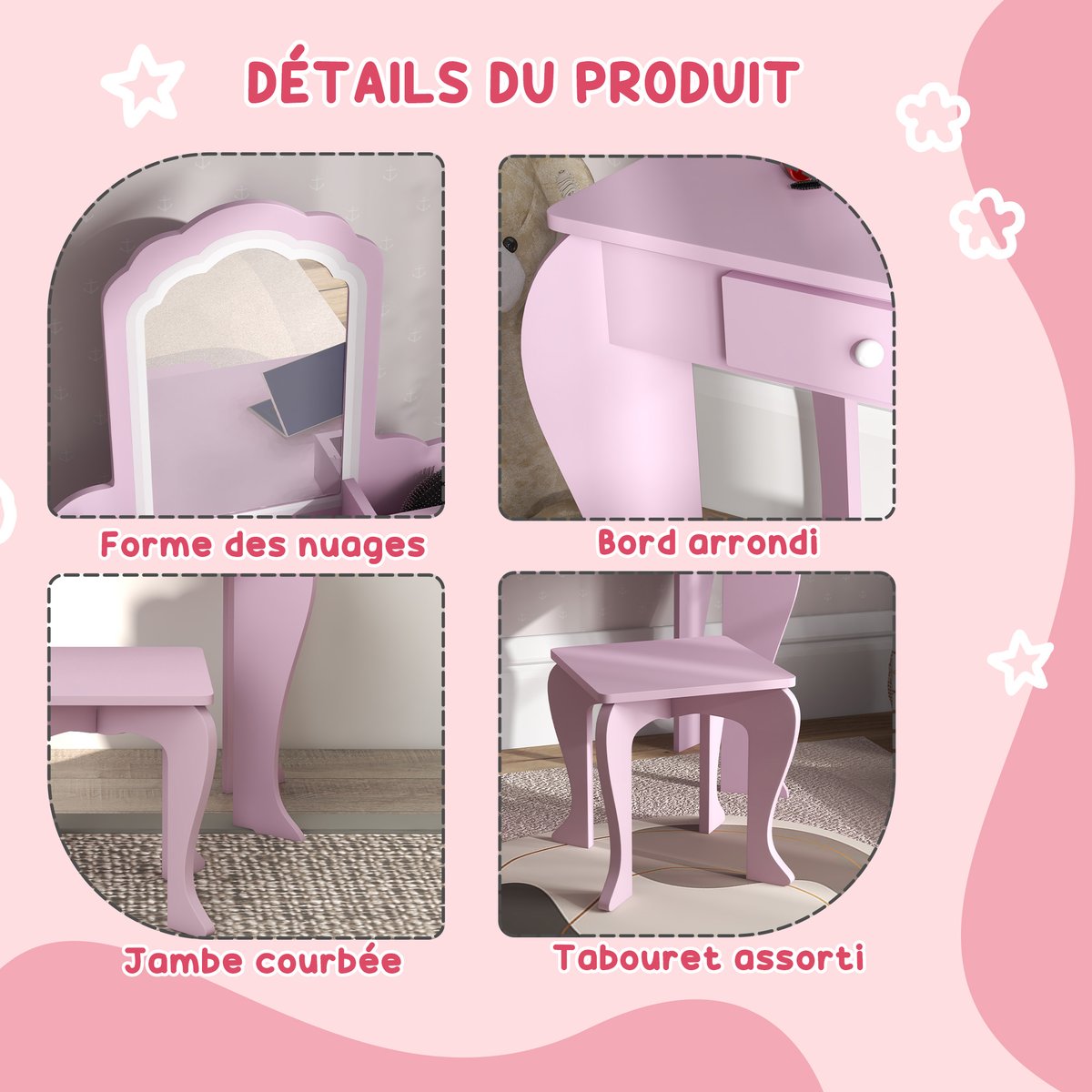 Ensemble de coiffeuse pour enfants MDF Rose rose, ZONEKIZ